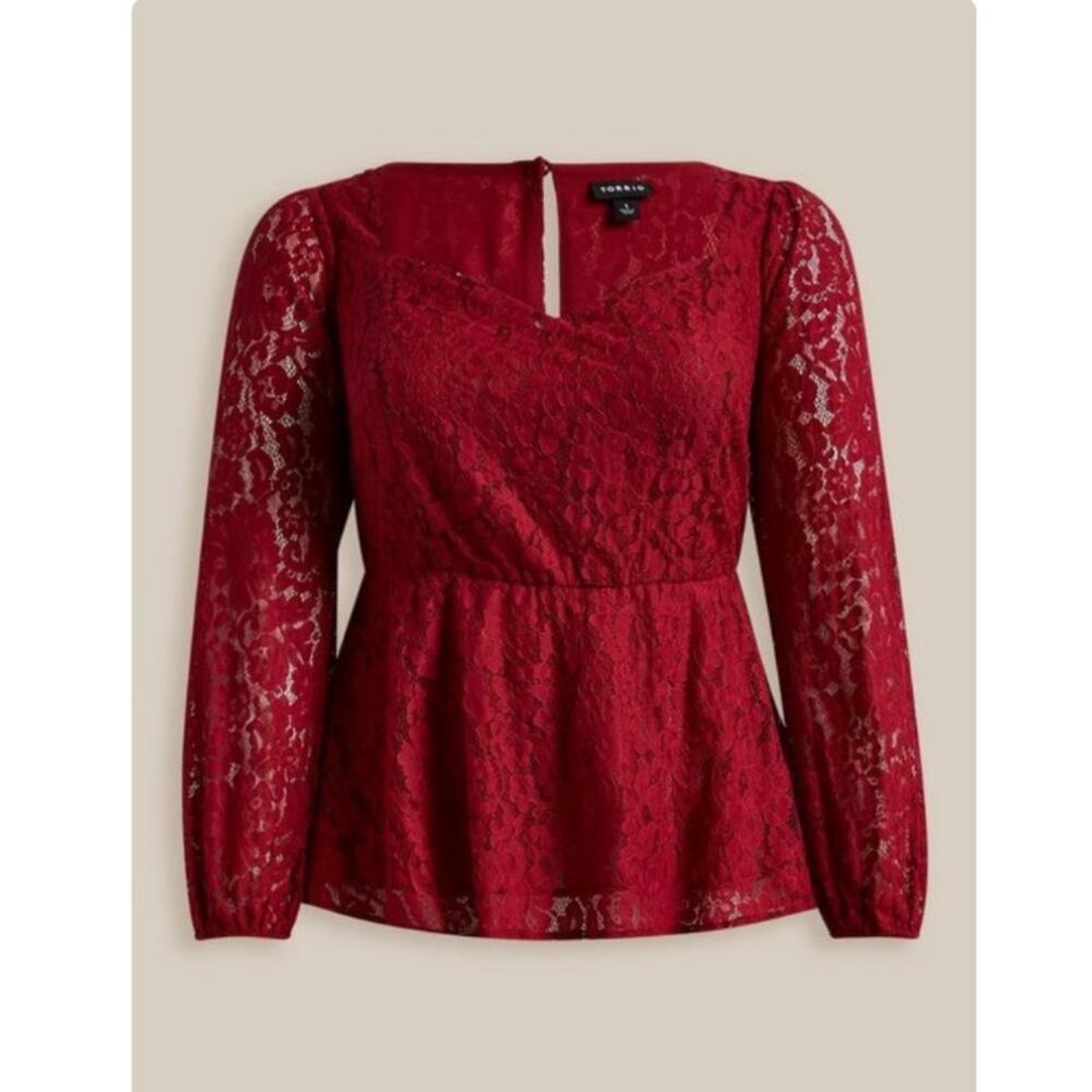 Torrid lace puff sleeve peplum blouse wine tasting maroon red size 4 plus 4X - Picture 5 of 14